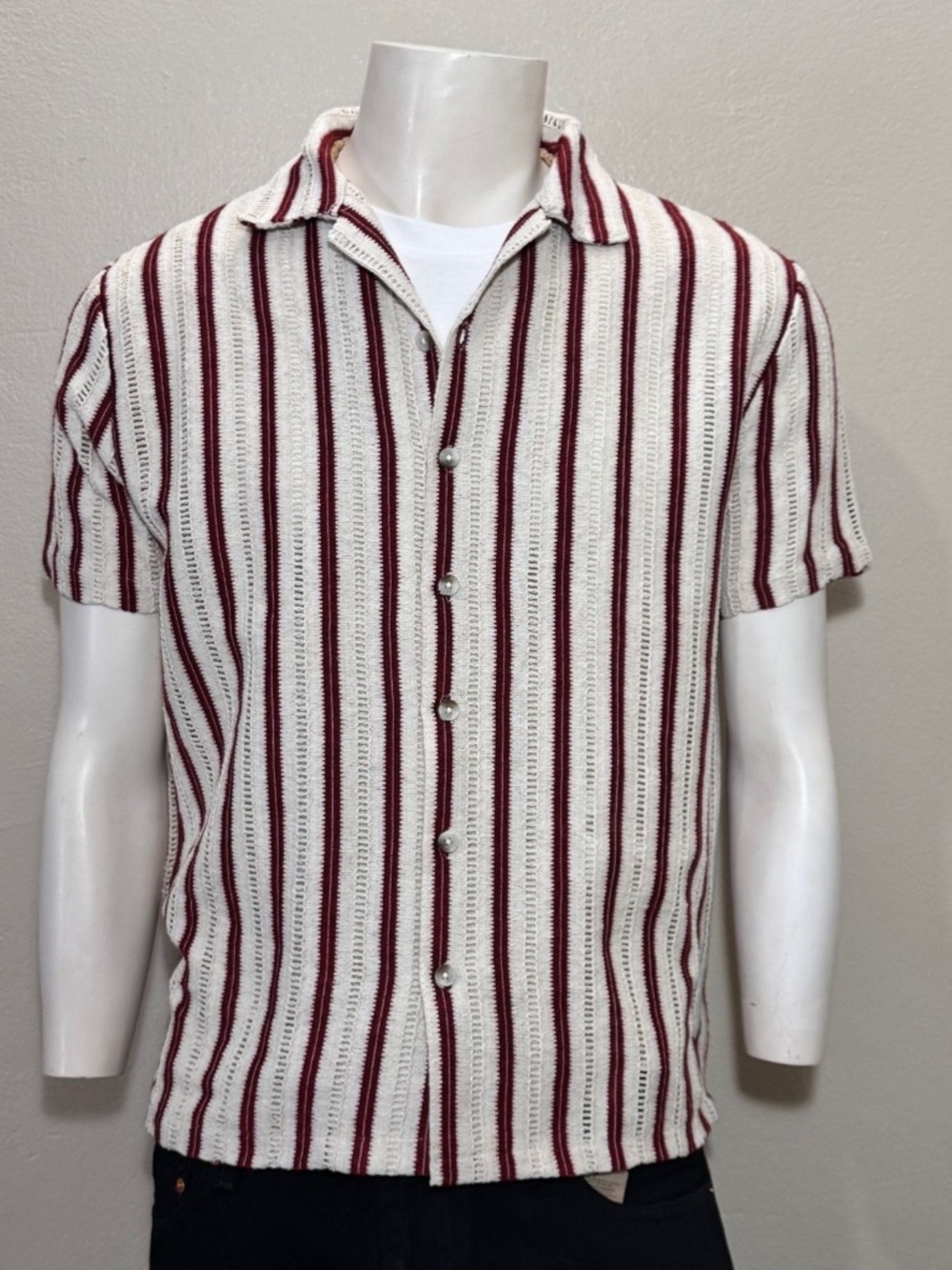 San Francisco Short Sleeve Crochet Striped Knit Shirt Small NWT India Vintage